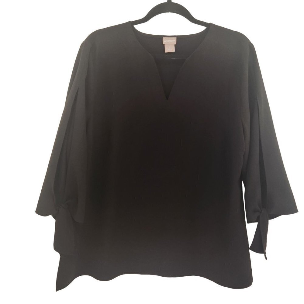 $10 SALE Chico's Black Split Sleeve Stretch Tunic Long Sleeve Blouse Top 12/14